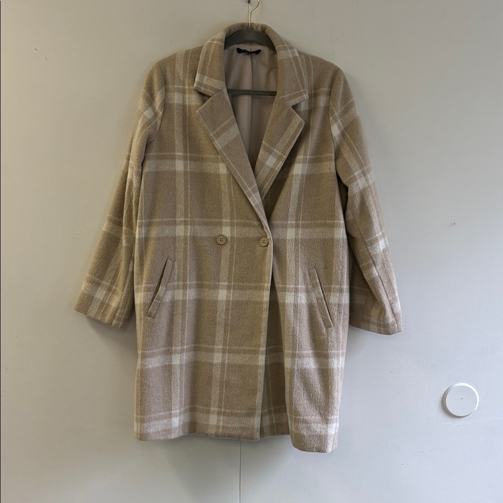 Fore Plaid Tan Coat | Women’s L | Double-Breasted Fall Winter Overcoat